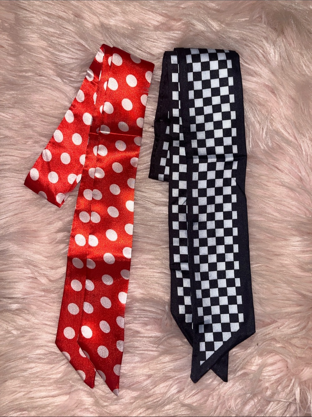Polka Dot Red Hair Scarf and Black Checkered Band Duo